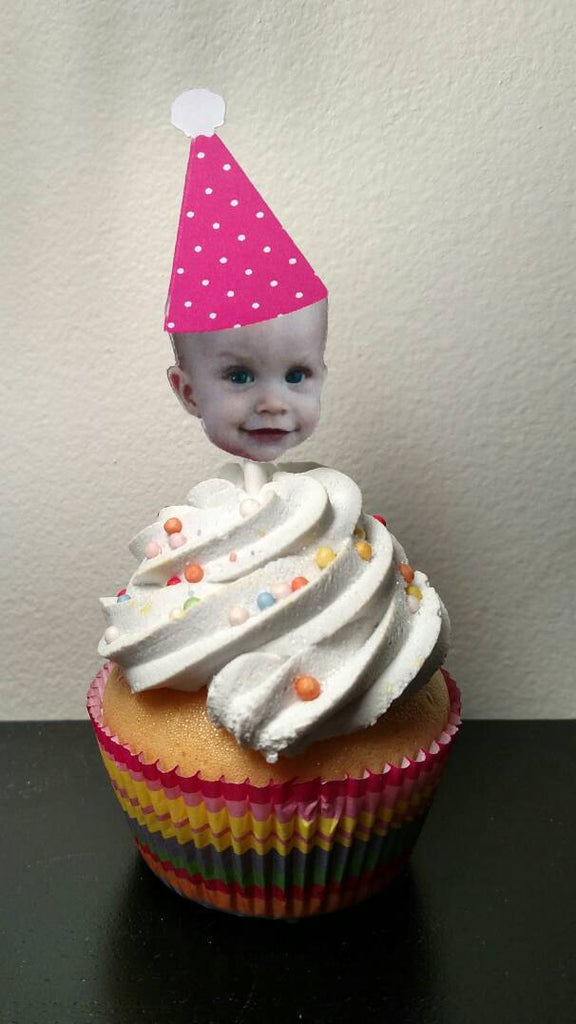 Face Cupcake Toppers with Birthday Hat (12 count - one color for hat)