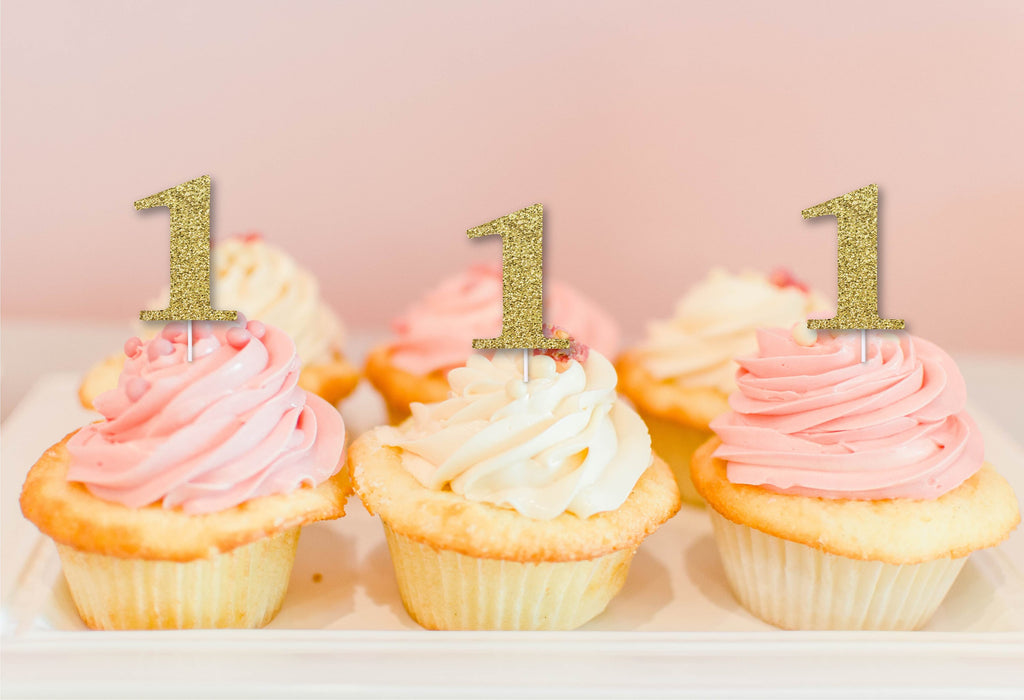 Glitter 1 Cupcake Topper for First Birthday or Anniversary (12 count) - gold or silver glitter