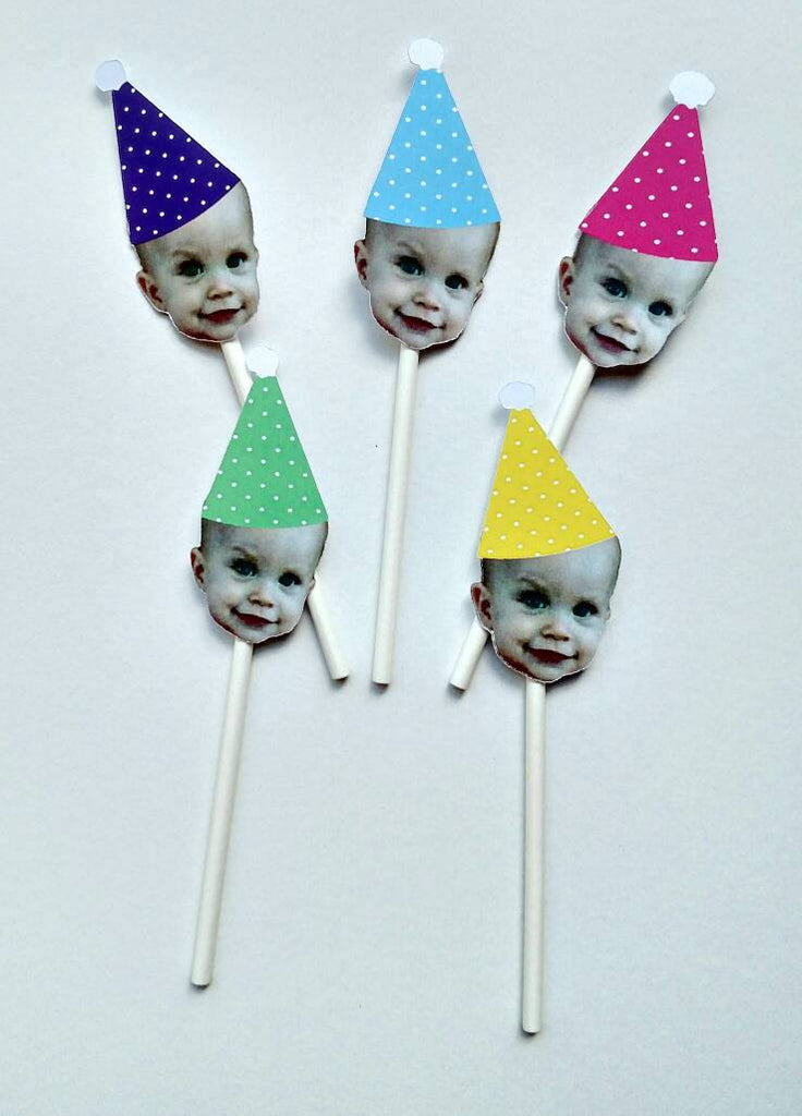 Face Cupcake Toppers with Birthday Hat (12 count - one color for hat)