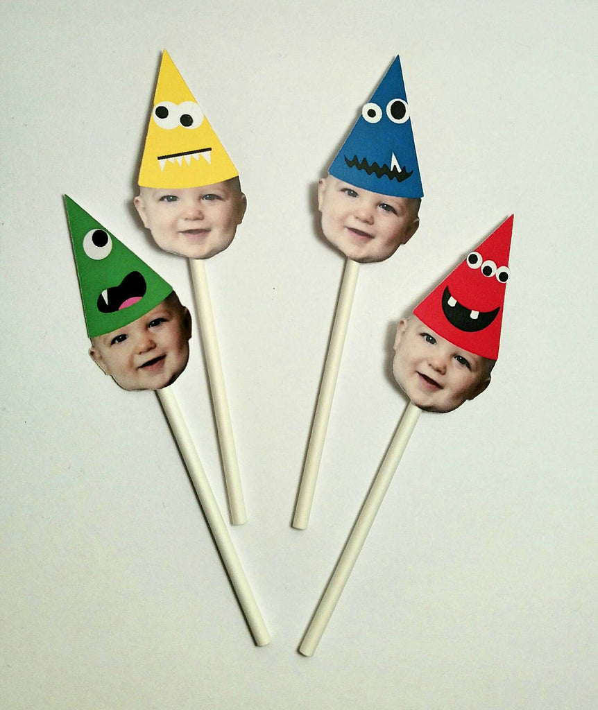 Monster Birthday Hat Cupcake Toppers with Custom Photo (12 count)