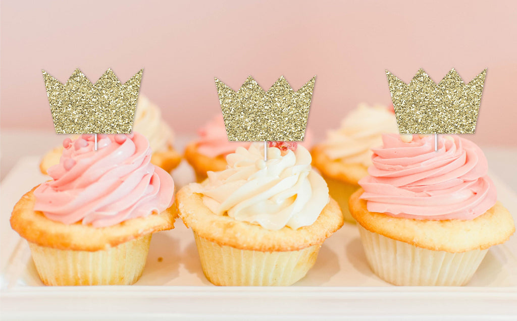 Gold Glitter Crown Cupcake Toppers 
