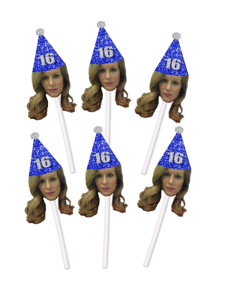 Blue Glitter Birthday Hat and Face Cupcake Toppers