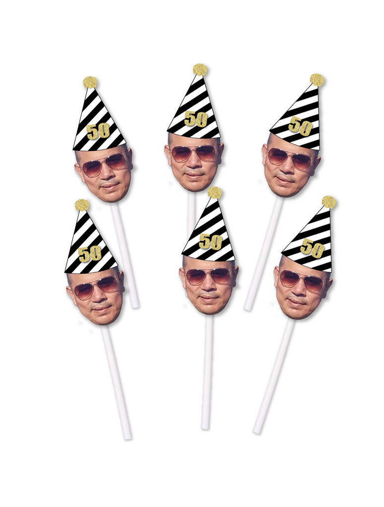 50th Birthday Cupcake Toppers with Face and Birthday Hat