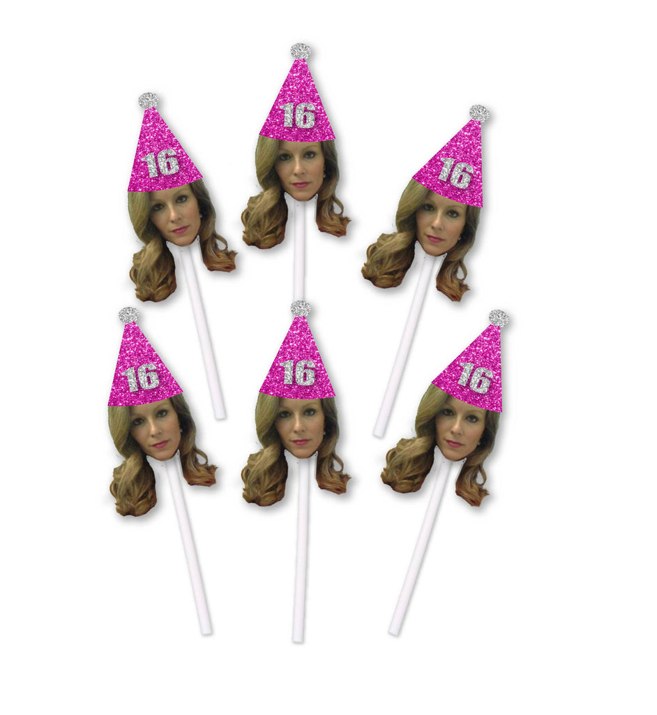 16th Birthday Cupcake Toppers with Face and Birthday hat