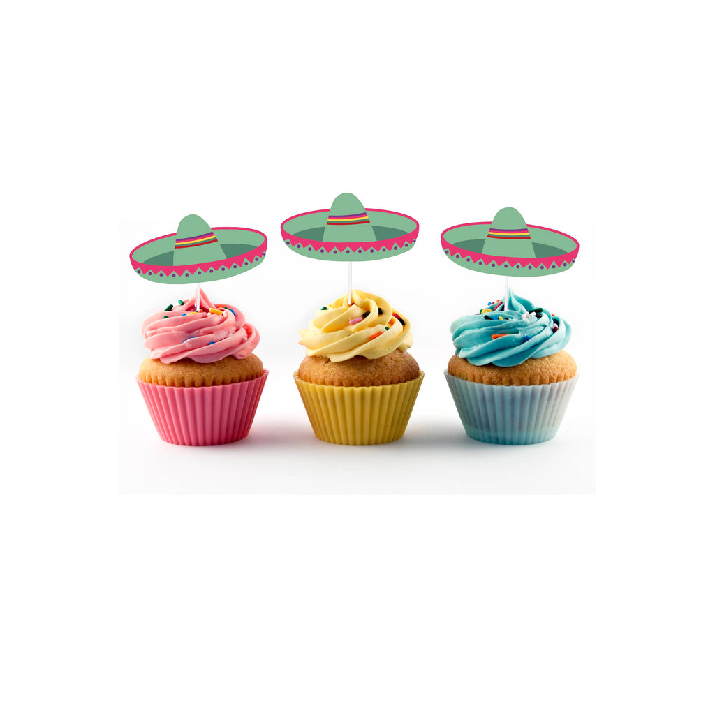 Green sombrero cupcake toppers for fiesta party