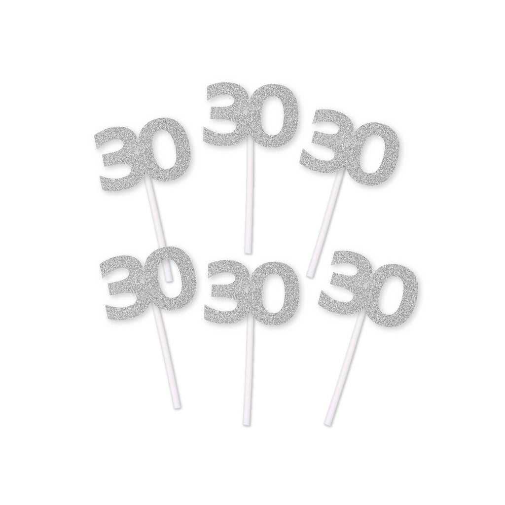 30th Birthday silver Glitter Cupcake Toppers (12 count)