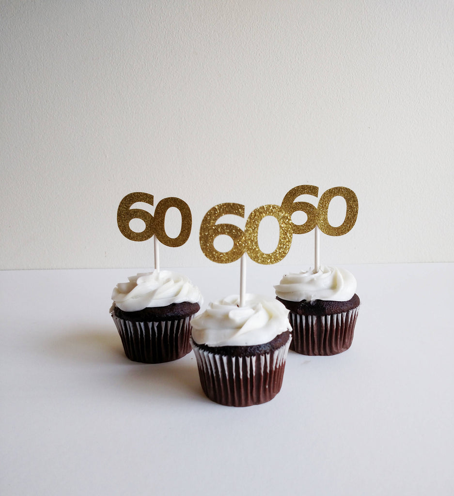 60th Birthday Cupcake Toppers in Gold Glitter 