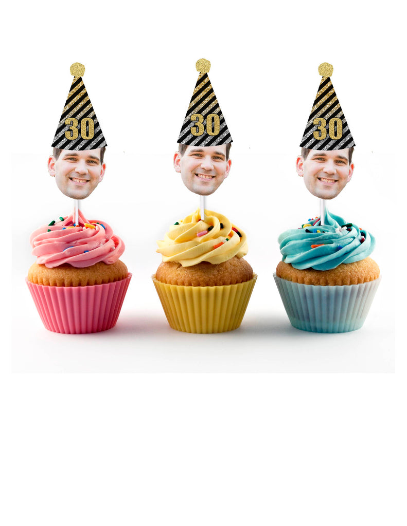 Black, Gold and Silver Birthday Party Face Cupcake Toppers