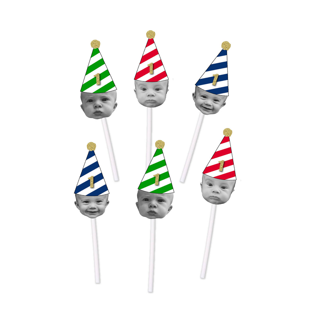 Personalized 1st Birthday Cupcake Toppers with Face and Birthday Hat
