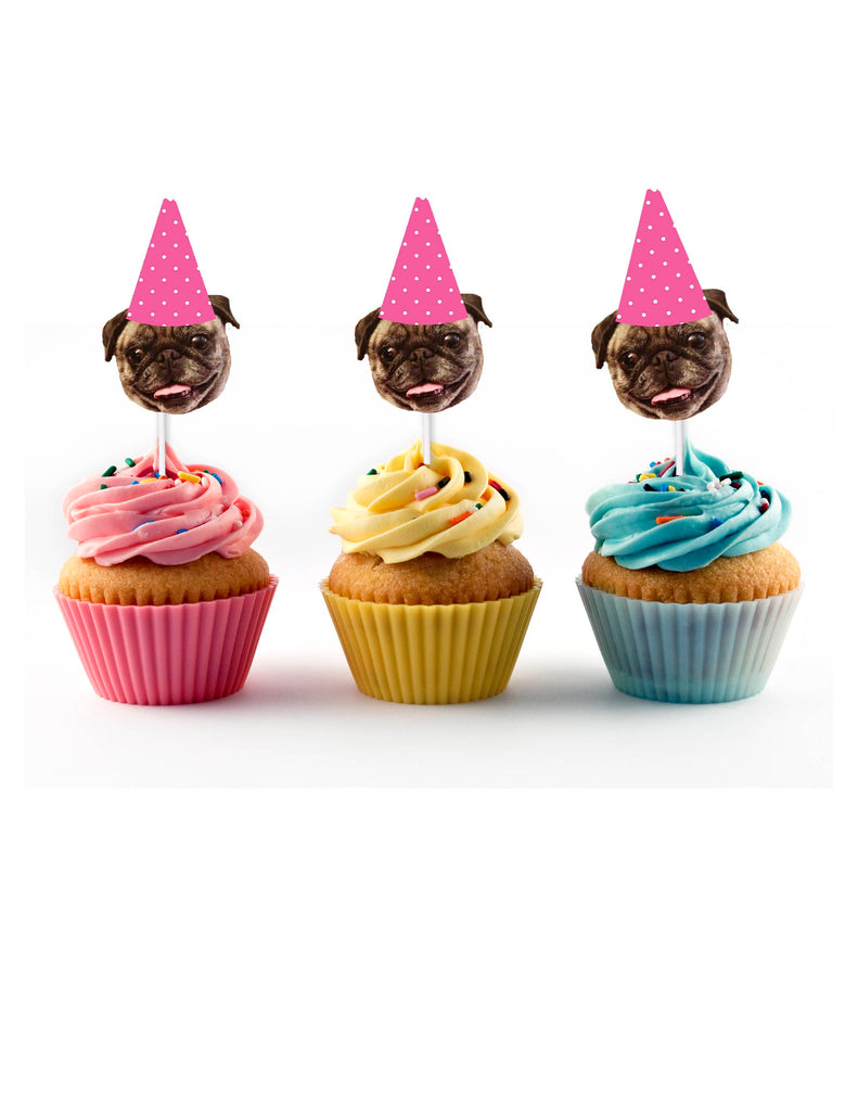 Polka dot birthday hat cupcake toppers with dog face