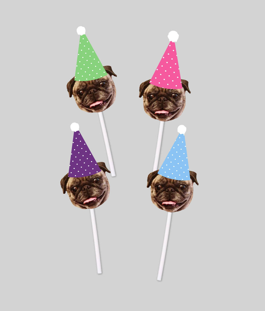 Dog Birthday Cupcake Toppers with Face and Birthday Hat - Pet Cat Puppy Party Bday