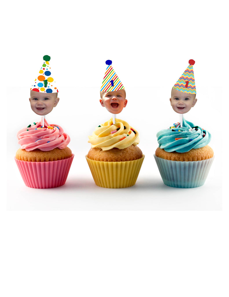 Birthday Cupcake Toppers with Custom Face Photo (12 count) - Primary Colors, Colorful, Green, Blue, Red, White, Yellow, Polka Dot, Stripes