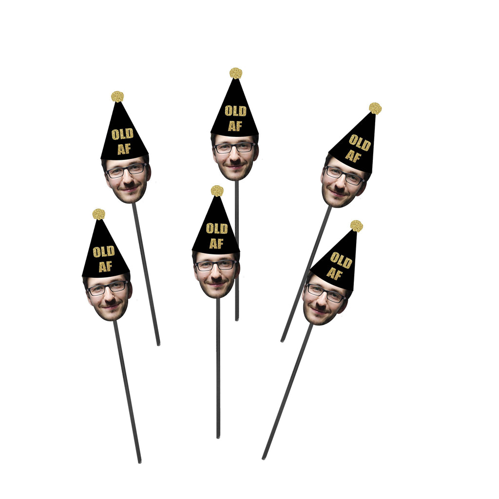 Custom Photo Drink Stirrers with OLD AF Party Hat on Top