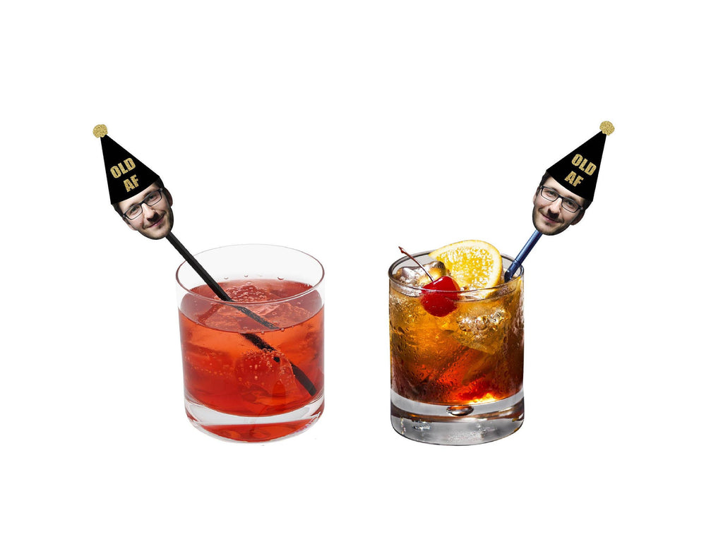 Custom Photo Drink Stirrers with OLD AF Party Hat on Top