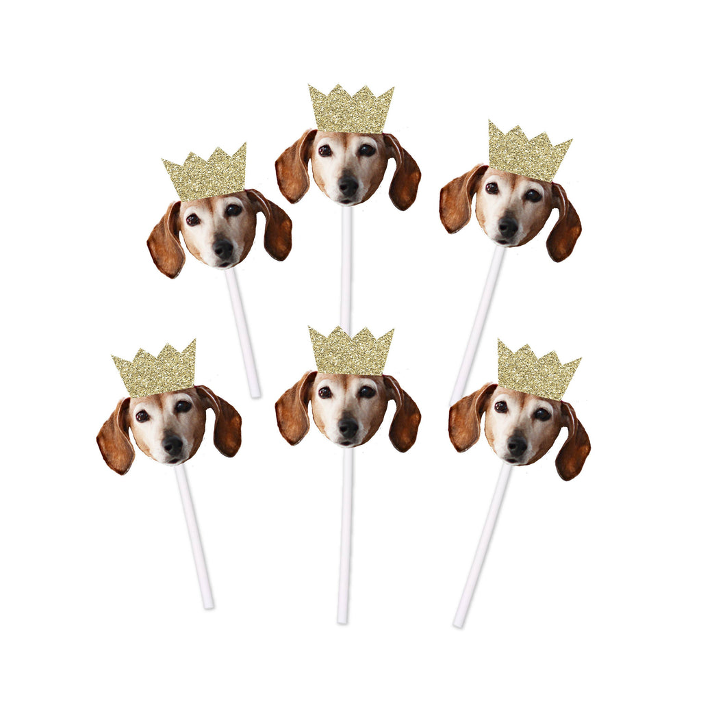 Dog Birthday Cupcake Toppers with Face and Gold Glitter Crown - Pet Cat Puppy Party Bday