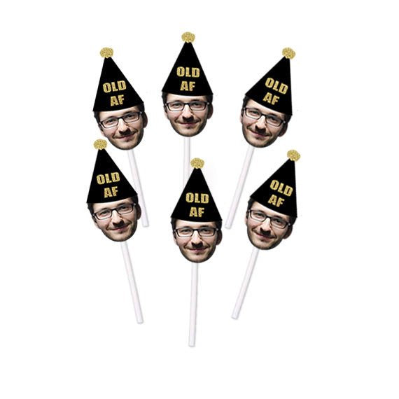 OLD AF Birthday Cupcake Toppers with Face and Birthday Hat - Party Decorations, Over the HIll, 50th, 60th, 40th, 30th Bday