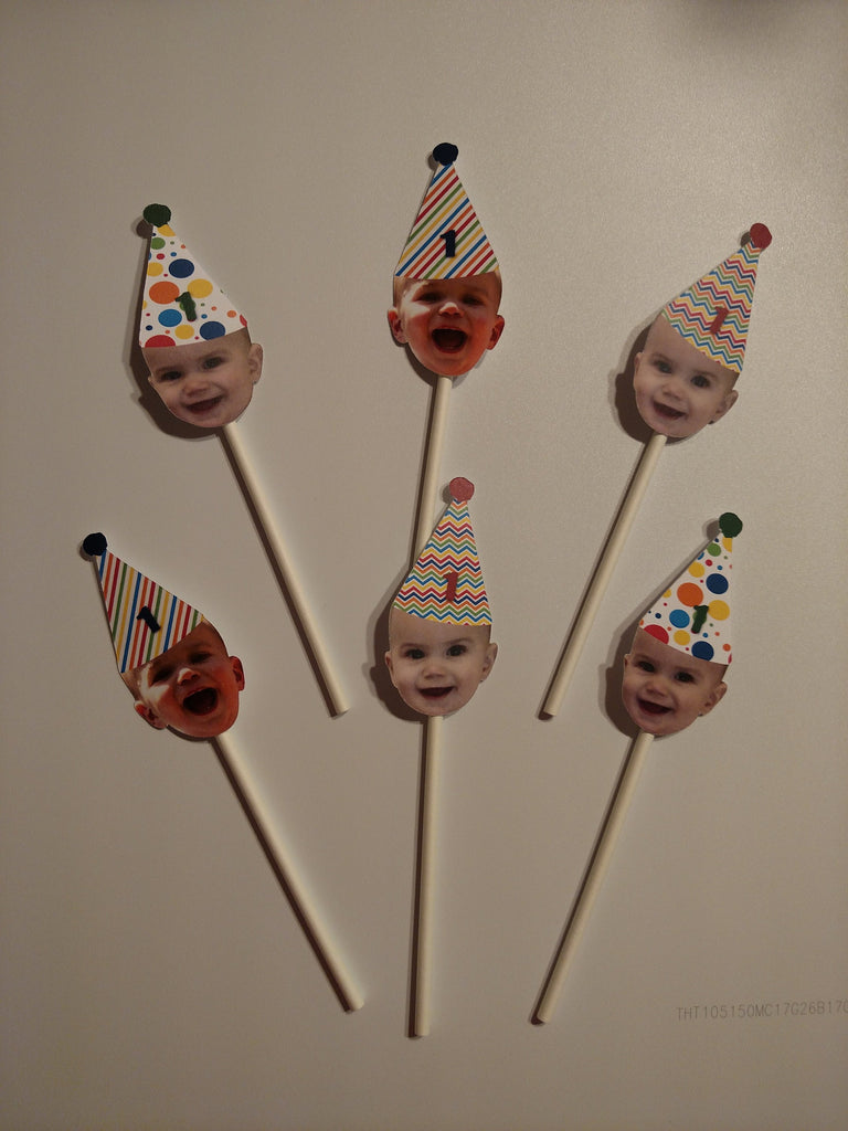 Birthday Cupcake Toppers with Custom Face Photo (12 count) - Primary Colors, Colorful, Green, Blue, Red, White, Yellow, Polka Dot, Stripes