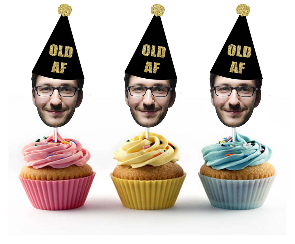 OLD AF Birthday Cupcake Toppers with Face and Birthday Hat - Party Decorations, Over the HIll, 50th, 60th, 40th, 30th Bday