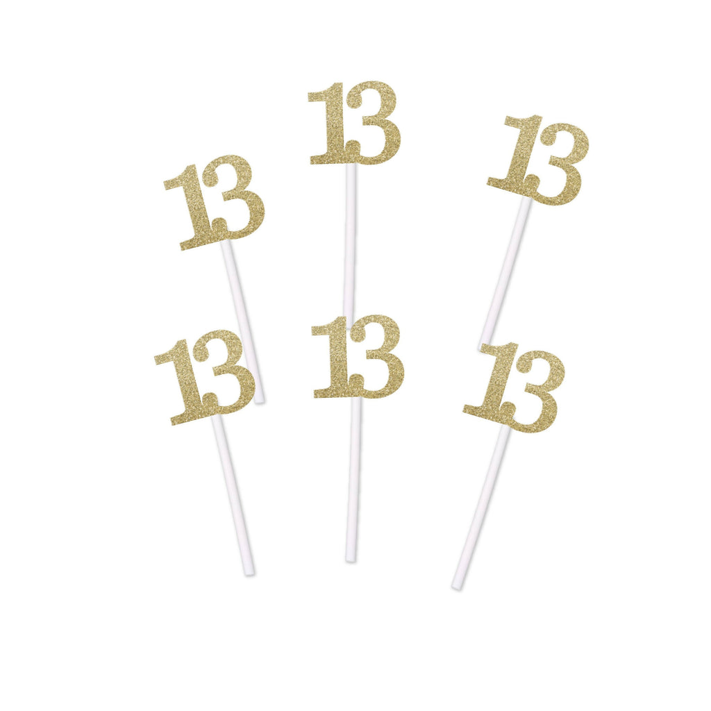 13th Birthday Glitter Cupcake Toppers (12 count) for Birthday, Anniversary or Retirement Party in Gold, Blue, Pink, Black, or Silver Glitter