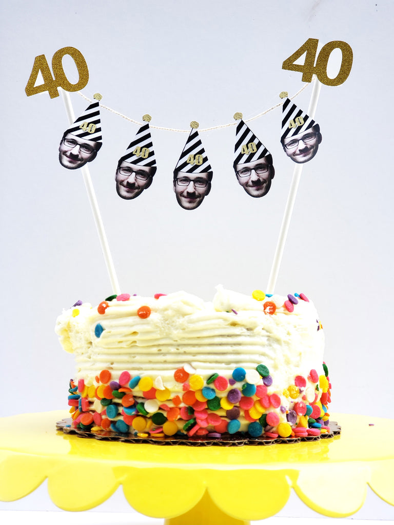 40th Birthday Cake Garland with Face and Birthday Hat, Banner, Bunting, Fortieth, Gold, Custom Picture Party Decorations