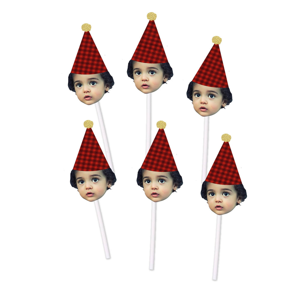 Lumberjack Birthday Cupcake Toppers with Face and Birthday Hat (12 Count), Custom, Personalized, Camping, Red, Plaid, Black, 1st, 30th