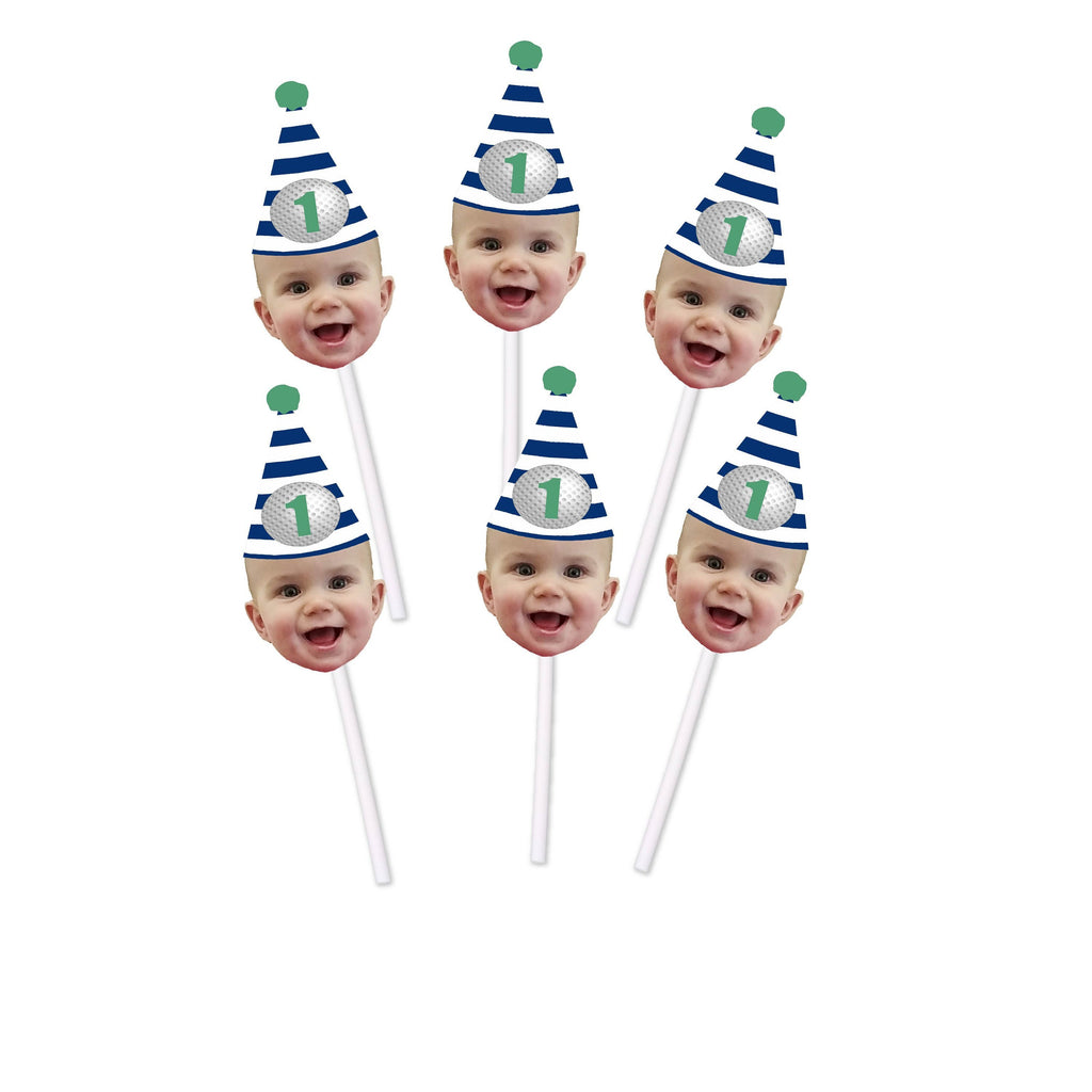 Golf Birthday Hat Custom Face Cupcake Toppers (12 count) for Golf Birthday Party, First Bday, 1st, Cake Smash, Green and Navy, Hole in One