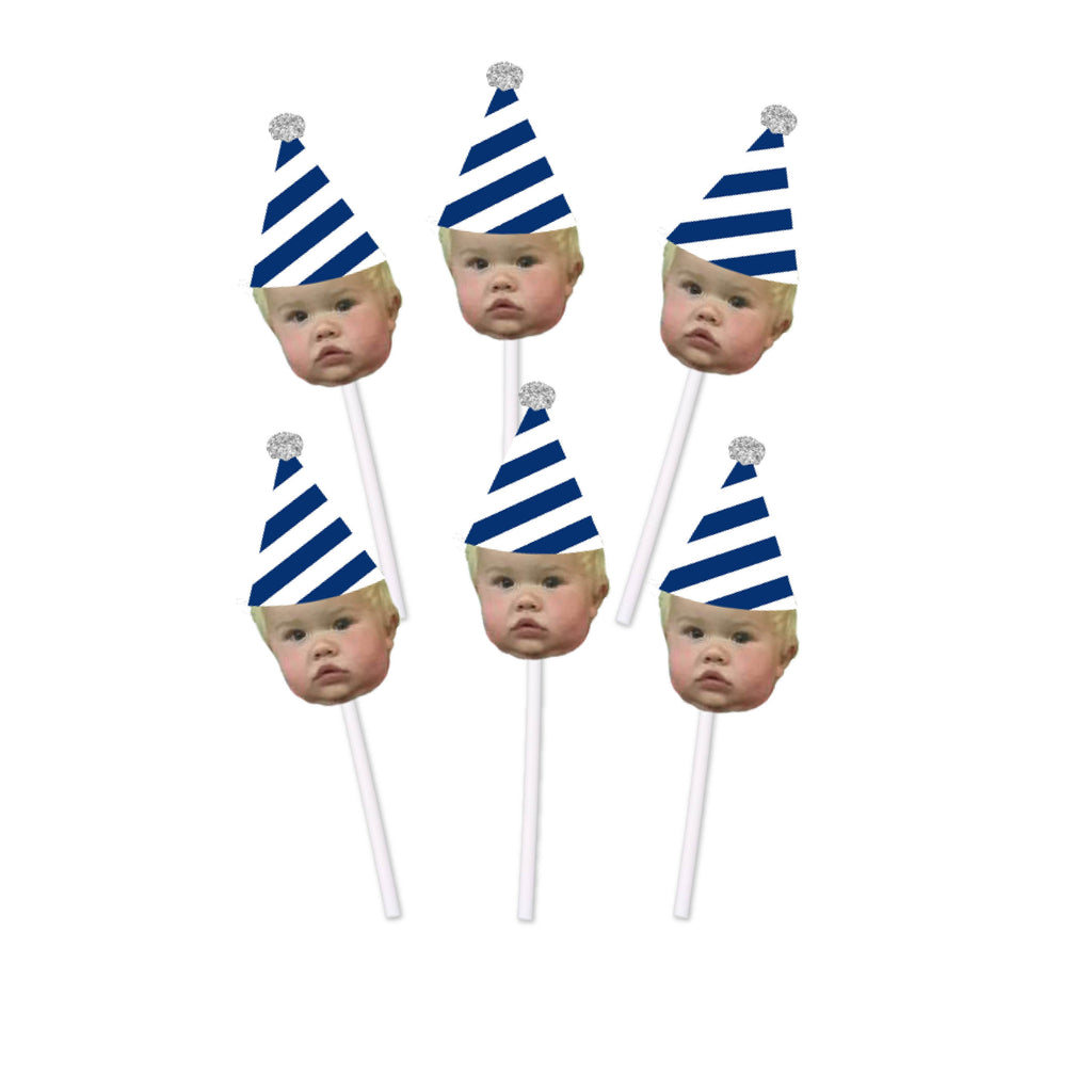 Navy and white birthday hat cupcake toppers