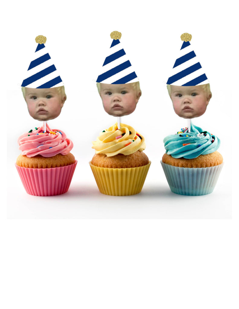 Blue and white party decorations, cupcake toppers with face