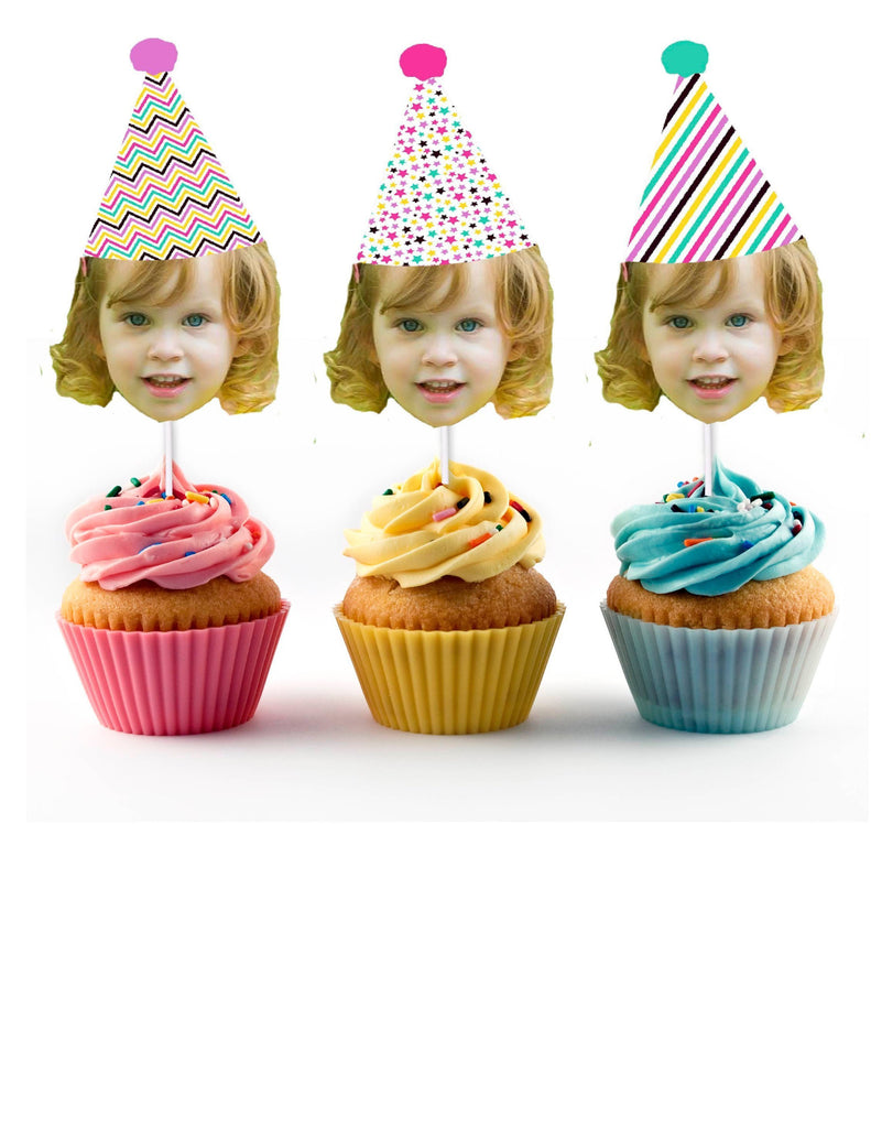 Birthday Cupcake Toppers with Face - Colorful, Mint, Pink, Purple, Yellow Stars, Personalized, Funny (12 Cupcake Toppers per order)