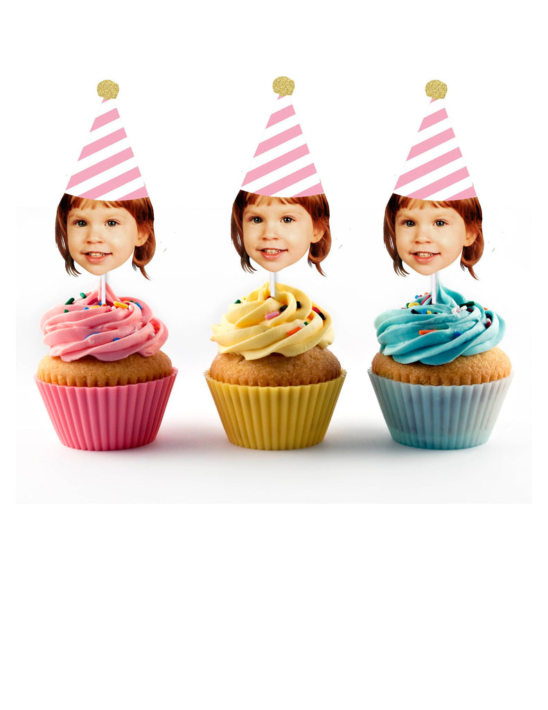 Pink and White Birthday Cupcake Toppers with Face and Birthday Hat - Party Decorations, 50th, 60th, 40th, 30th Bday, 1st, 3rd, Retirement