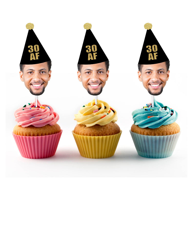 30 AF Cupcake Toppers with Face and Birthday Hat, Thirtieth, 30, Thirty, Custom, Personalized, Dirty Thirty, Black,THIRTY AF