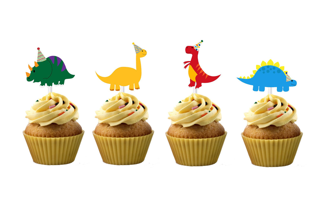 Dinosaurs in Party Hats Cupcake Toppers (12 count) for Birthday Party, RAWR, TREX, Dino Cupcakes, Brontasaurus, Birthday Hats, ROAR, Decor