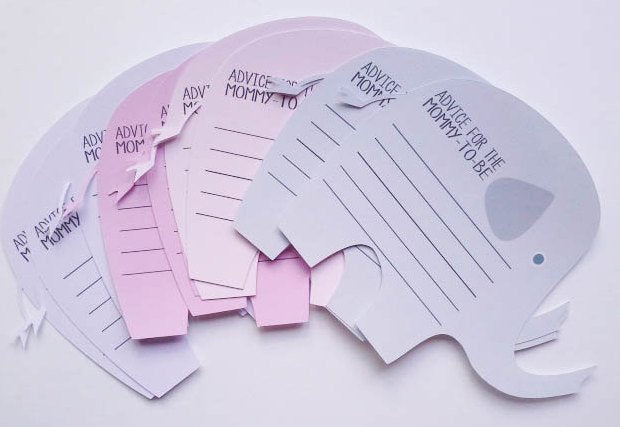 Pink elephant mom to be advice cards