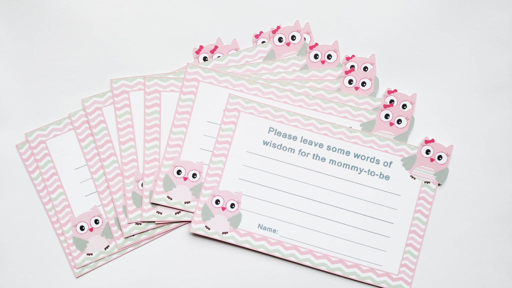 Pink Owl baby shower advice cards