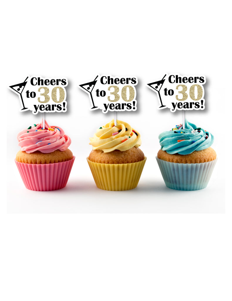 Cheers to 30 years martini glass cupcake toppers